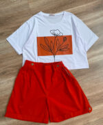 ست کراپ شلوارک لينن رز - Image 3