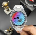 ساعت جيشاک2100سفيد شيشه شفاف عقربه رنگي