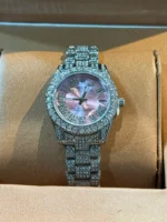 ساعت فول نگين زنانه طرح رولکس صورتی - Image 3