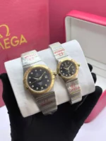 ساعت امگا مردانه نقره ای طلايی صفحه مشکی - Image 2