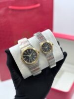 ساعت امگا زنانه نقره ای طلايی صفحه مشکی خطی - Image 2