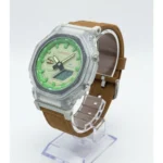 ساعت جی شاک2100بند برزنتی عسلی صفحه سبز