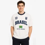 نمای روبه‌رو از تیشرت BRASIL تیشرت لش سفید طرح BRASIL